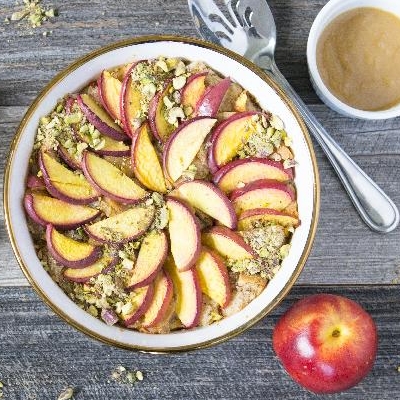 Ontario Nectarine and Pistachio Bread Pudding with Caramel Sauce