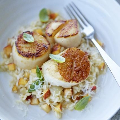 Ontario Peach Risotto with Zesty Lemon Scallops