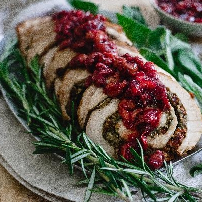 Tart Cherry Chestnut Stuffed Turkey Roulade