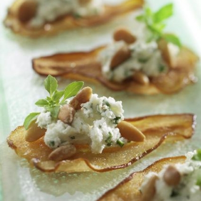 Ontario Pear Crisps with Chèvre and Pine Nuts