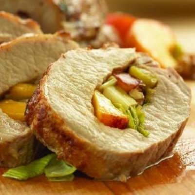 BBQ Roasted Pork Loin with Peach, Leek and Walnut Stuffing